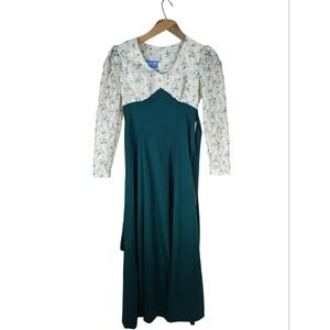 Vtg Kristie Lou California Juniors Cottage Prairie Dress Green Floral 70s Tie